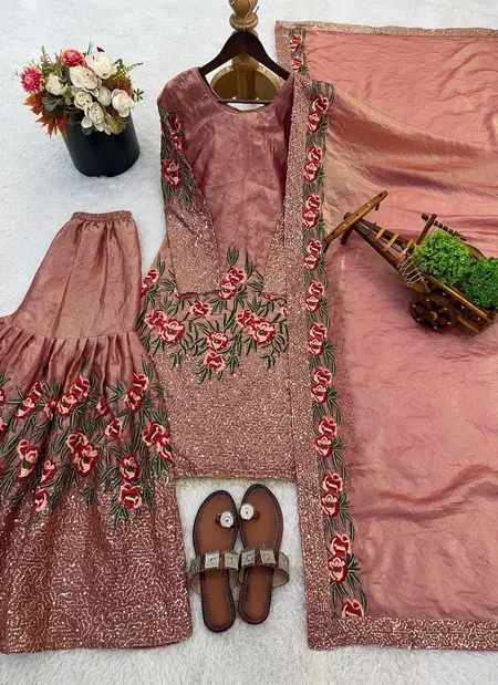 Pink Colour Pure Fendy Silk With Heavy Embroidery Sequence Work Readymade Suits Nsr 887